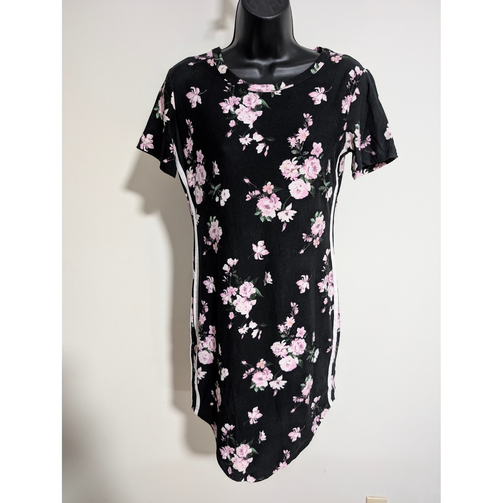 Rue21 Black Floral T-Shirt Dress White Stripe Short Sleeve Medium